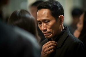 Elderly asian man with funeral sorrow and flowers in church AI generated photo