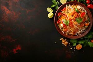 Thai food Som tum, Spicy green papaya salad.Top view AI generated photo