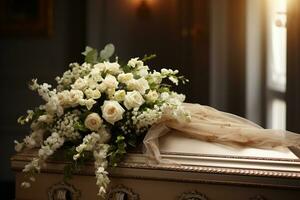 White coffin with flowers. The concept of funeral. AI generated photo