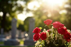 Red roses on a grave at a cemetery during the sunset with copy space AI generated photo