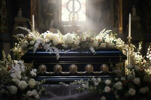 closeup shot of a casket in a hearse or chapel before funeral or burial at cemetery AI generated photo