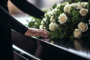 de cerca de un mujer mano colocación un ramo de flores de blanco rosas en un ataúd.funeral concepto ai generado foto