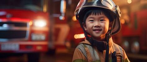 retrato de contento asiático chico vistiendo bombero uniforme con fuego camión en antecedentes ai generado foto