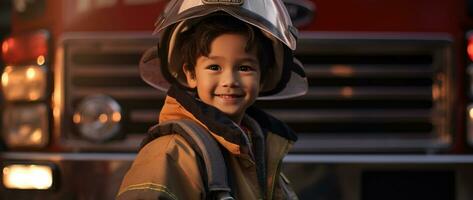 retrato de contento asiático chico vistiendo bombero uniforme con fuego camión en antecedentes ai generado foto