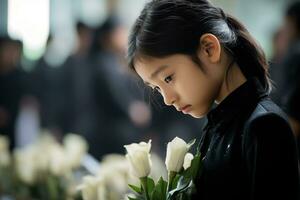 retrato de un pequeño asiático niña con en el cementerio, funeral concepto ai generado foto