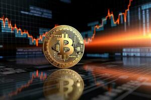 Golden Bitcoin on the background of the stock market chart. Cryptocurrency concept. AI generated photo