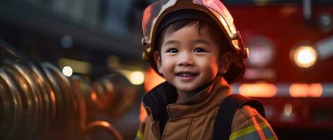 retrato de contento asiático chico vistiendo bombero uniforme con fuego camión en antecedentes ai generado foto