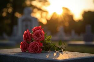 rojo rosas en un tumba a un cementerio durante el puesta de sol con Copiar espacio ai generado foto