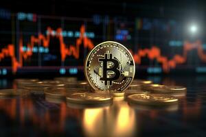 Golden Bitcoin on the background of the stock market chart. Cryptocurrency concept. AI generated photo