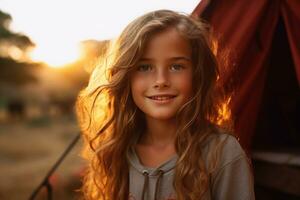 retrato de linda pequeño niña a cámara mientras en pie cerca cámping tienda a puesta de sol ai generado foto