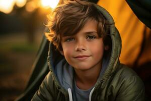 Portrait of a cute boy looking at camera while near his tent in nature AI generated photo