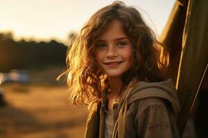 retrato de linda pequeño niña a cámara mientras en pie cerca cámping tienda a puesta de sol ai generado foto