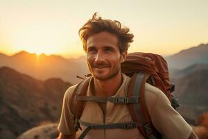 Handsome young man with backpack hiking in the mountains at sunset AI generated photo