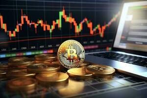 Golden Bitcoin on the background of the stock market chart. Cryptocurrency concept. AI generated photo