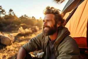 Portrait of man looking at camera while near camping tent at sunset AI generated photo