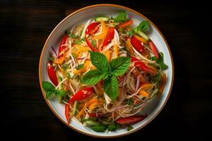 Thai food Som tum, Spicy green papaya salad.Top view AI generated photo