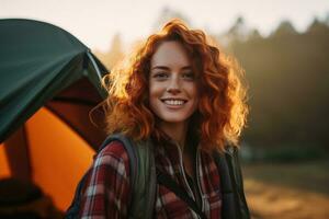 Portrait of girl looking at camera while near camping tent at sunset AI generated photo