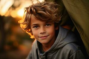 retrato de un linda chico mirando a cámara mientras cerca su tienda en naturaleza ai generado foto