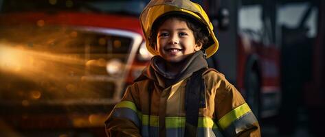 Portrait of happy asian boy wearing firefighter uniform with fire truck in background AI generated photo
