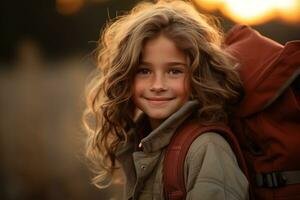 retrato de linda pequeño niña a cámara mientras en pie cerca cámping tienda a puesta de sol ai generado foto