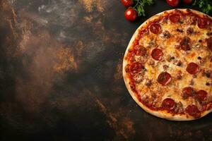 Pepperoni pizza on a Dark background. Top view with copy space. AI generated photo