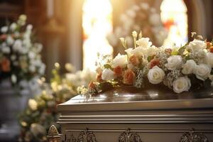 Beautiful flowers in a coffin at a funeral AI generated photo