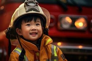 retrato de linda pequeño chico vistiendo bombero uniforme en el fuego Departamento ai generado foto