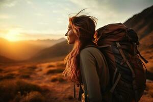 Beautiful woman hiker with backpack hiking in the mountains at sunset AI generated photo