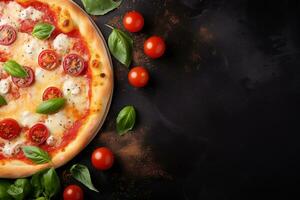 Pepperoni pizza on a Dark background. Top view with copy space. AI generated photo