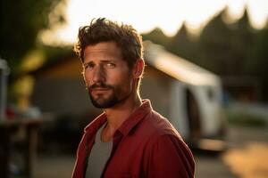Portrait of man looking at camera while near camping tent at sunset AI generated photo