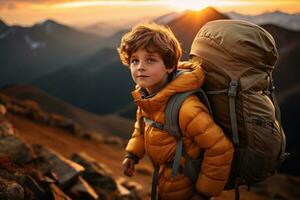 Adorable little boy with backpack hiking in mountains at sunset. Travel and active lifestyle concept AI generated photo