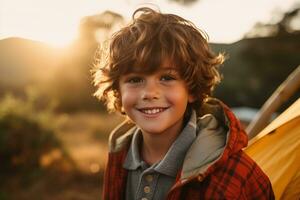 Portrait of a cute boy looking at camera while near his tent in nature AI generated photo