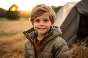 Portrait of a cute boy looking at camera while near his tent in nature AI generated photo