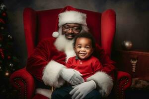 negro Papa Noel abrazando un niño. generar ai foto