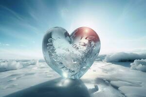 Ice heart in sunny day outdoor season. Generate Ai photo