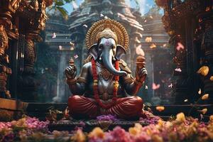 hindú Dios ganesha con flores ai generado foto