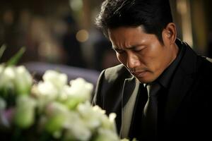 Elderly asian man with funeral sorrow and flowers in church AI generated photo