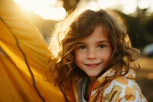 Portrait of cute little girl at camera while standing near camping tent at sunset AI generated photo