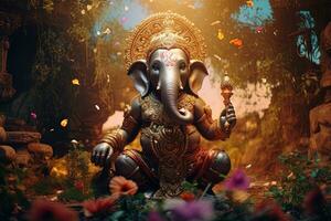 Hindu God Ganesha with flowers AI generated photo