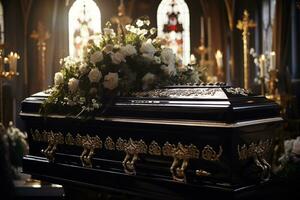 closeup shot of a casket in a hearse or chapel before funeral or burial at cemetery AI generated photo