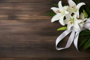 White lily flowers on wooden background. Top view with copy space.Funeral Concept AI generated photo