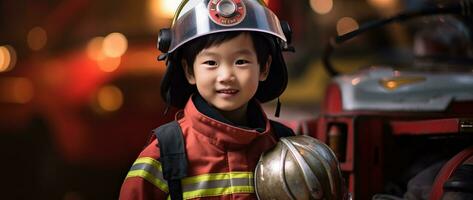 retrato de contento asiático chico vistiendo bombero uniforme con fuego camión en antecedentes ai generado foto