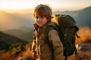 adorable pequeño chico con mochila excursionismo en montañas a puesta de sol. viaje y activo estilo de vida concepto ai generado foto