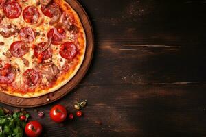 Pepperoni pizza on a Dark background. Top view with copy space. AI generated photo