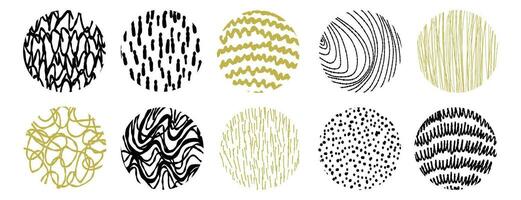 Sketchy vector of lines and strokes of a round shape. Gold and black pattern