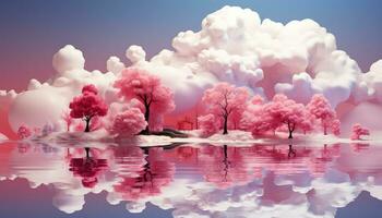 Translucent Waters and Circular Beauty with Pink Clouds and Trees AI generated photo