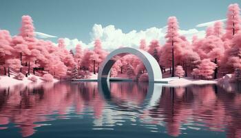 Translucent Waters and Circular Beauty with Pink Clouds and Trees AI generated photo