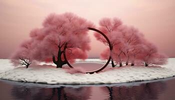 Translucent Waters and Circular Beauty with Pink Clouds and Trees AI generated photo