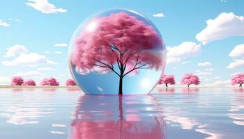 translúcido aguas y circular belleza con rosado nubes y arboles ai generado foto
