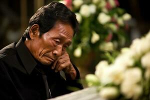 mayor asiático hombre con funeral dolor y flores en Iglesia ai generado foto